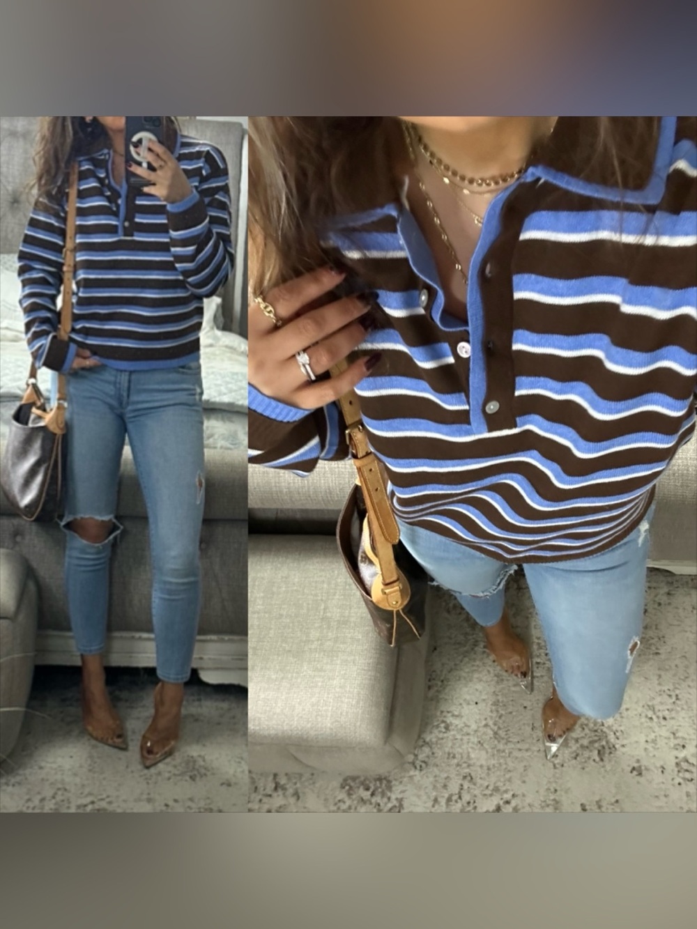 New🤎💙 Brown Blue & Ivory Striped Polo Sweater